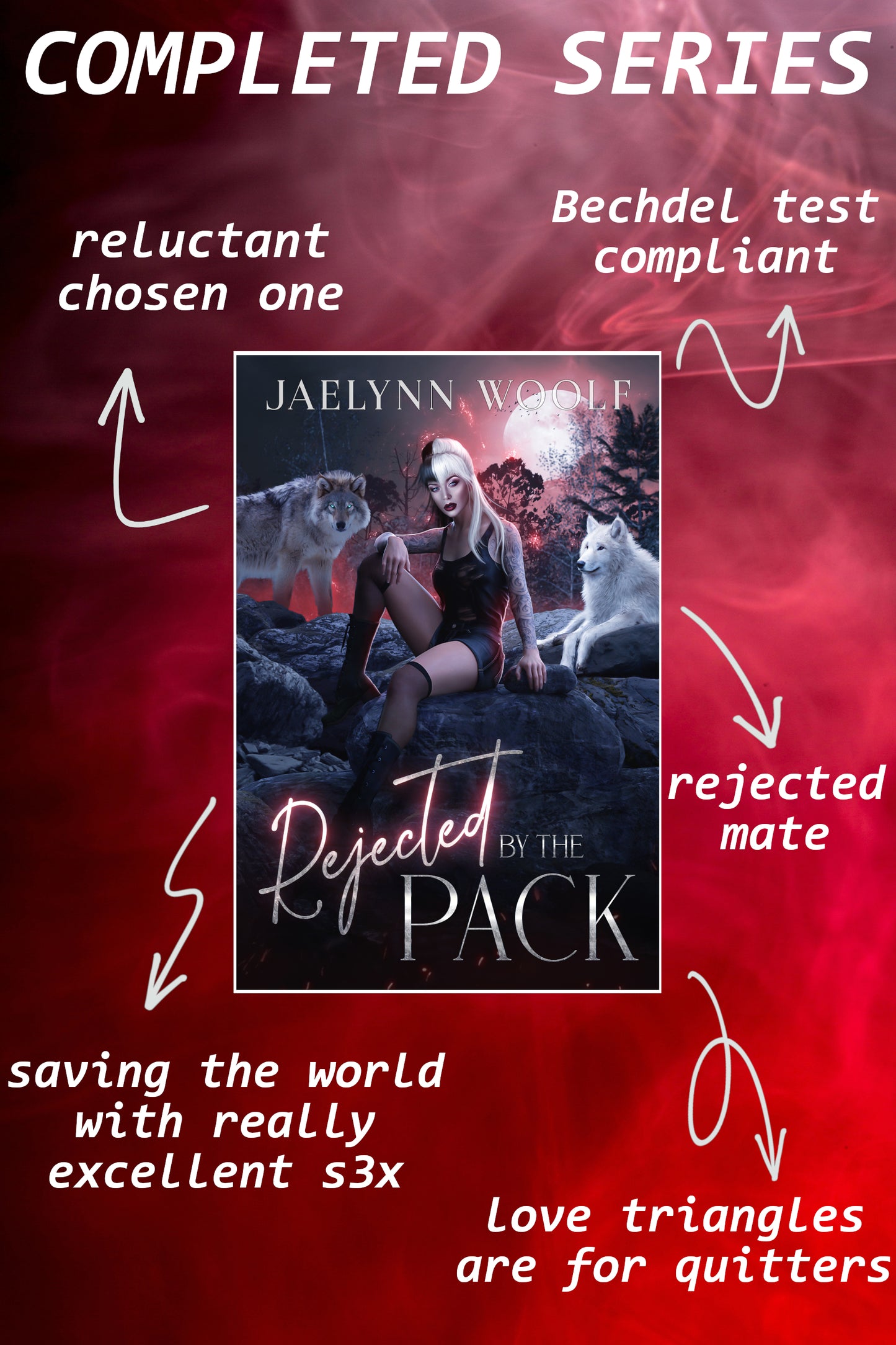 Book cover of 'Rejected by the Pack' with promotional text on a red background