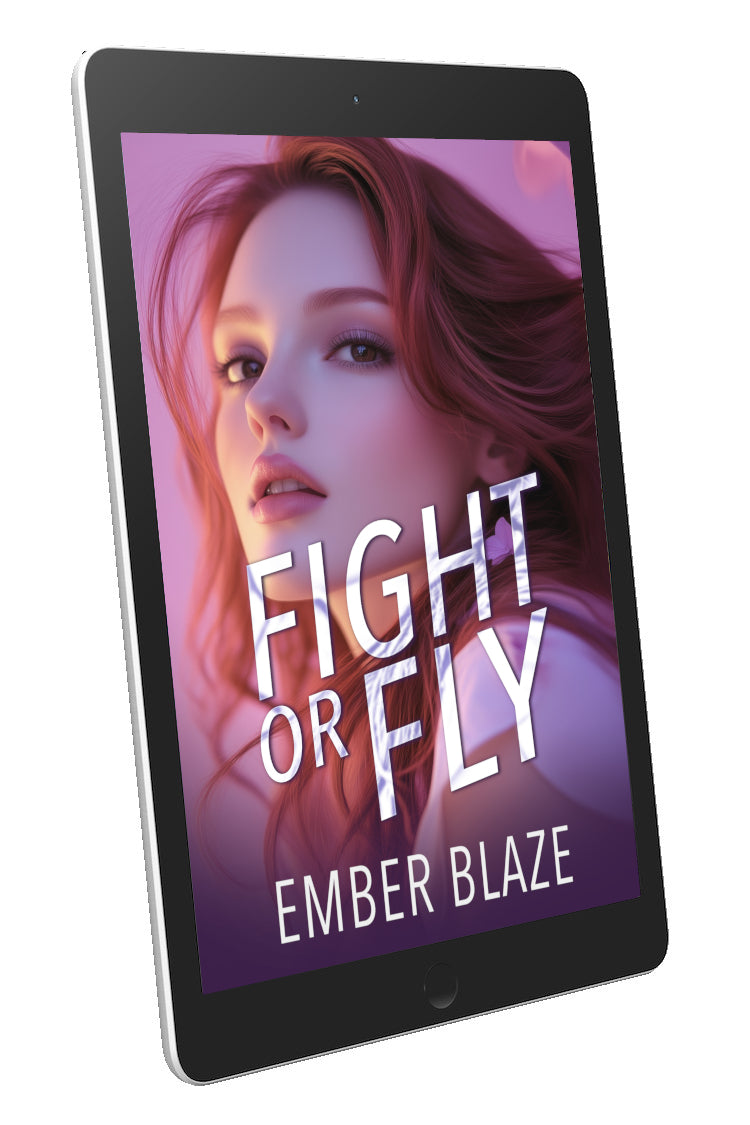 A tablet device shown at an angle on a white background, displaying a book cover with the title 'FIGHT OR FLY' and author name 'EMBER BLAZE'.