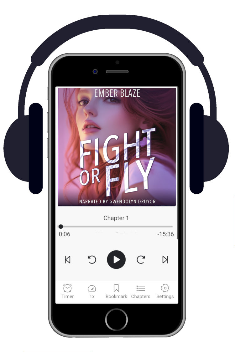 A smartphone centered on a white background, shown with large black headphones over the top. The phone screen displays a audiobook or ebook player with the title 'FIGHT OR FLY' and author name 'EMBER BLAZE'.