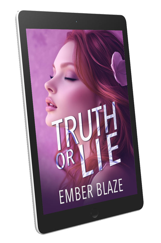 A tablet device shown at an angle on a white background, displaying a book cover with the title 'Truth or Lie' and author name 'Ember Blaze' on a purple-toned cover featuring a woman's face.