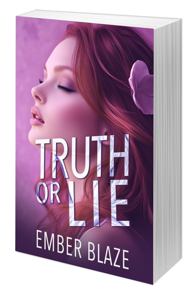 A 3D mockup of a paperback book titled 'Truth or Lie' by Ember Blaze, featuring a purple-toned cover with an illustration of a woman's face and large stylized text.