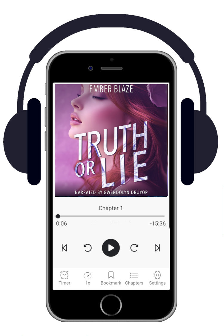 A smartphone centered on a white background, shown with black over-ear headphones around it. The phone screen displays a book cover reading 'Truth or Lie' by Ember Blaze, with a purple-toned cover art image and playback controls overlaid like a digital audiobook player.