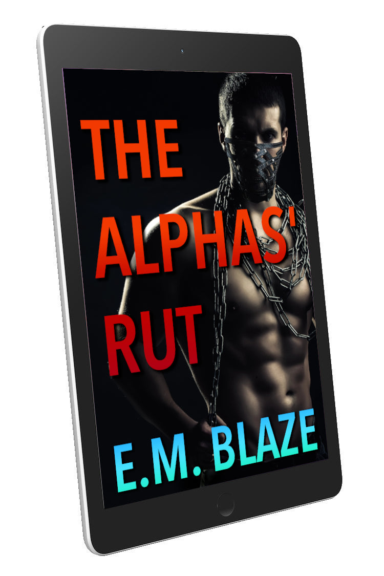An ebook reader displaying the cover of The Alphas' Rut, a muscular man in chains and wearing a muzzle, with red and blue text