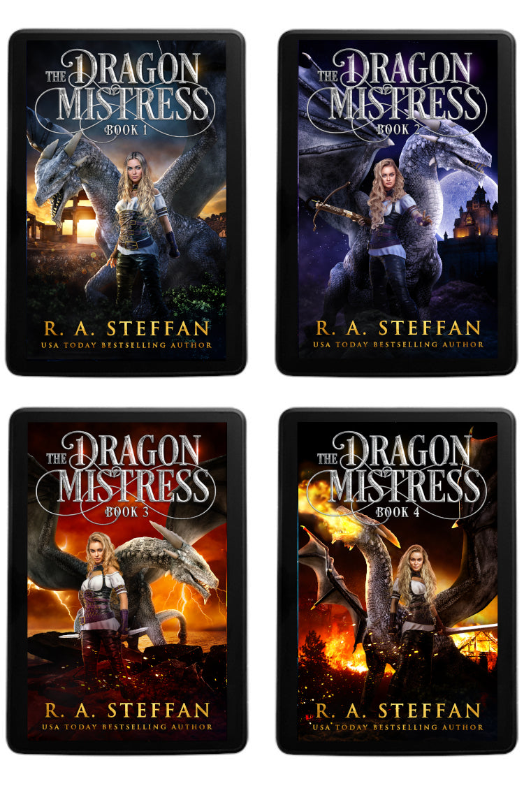 Four book covers for The Dragon Mistress Book 1-4 by R. A. Steffan, arranged in a 2x2 grid on a black background.