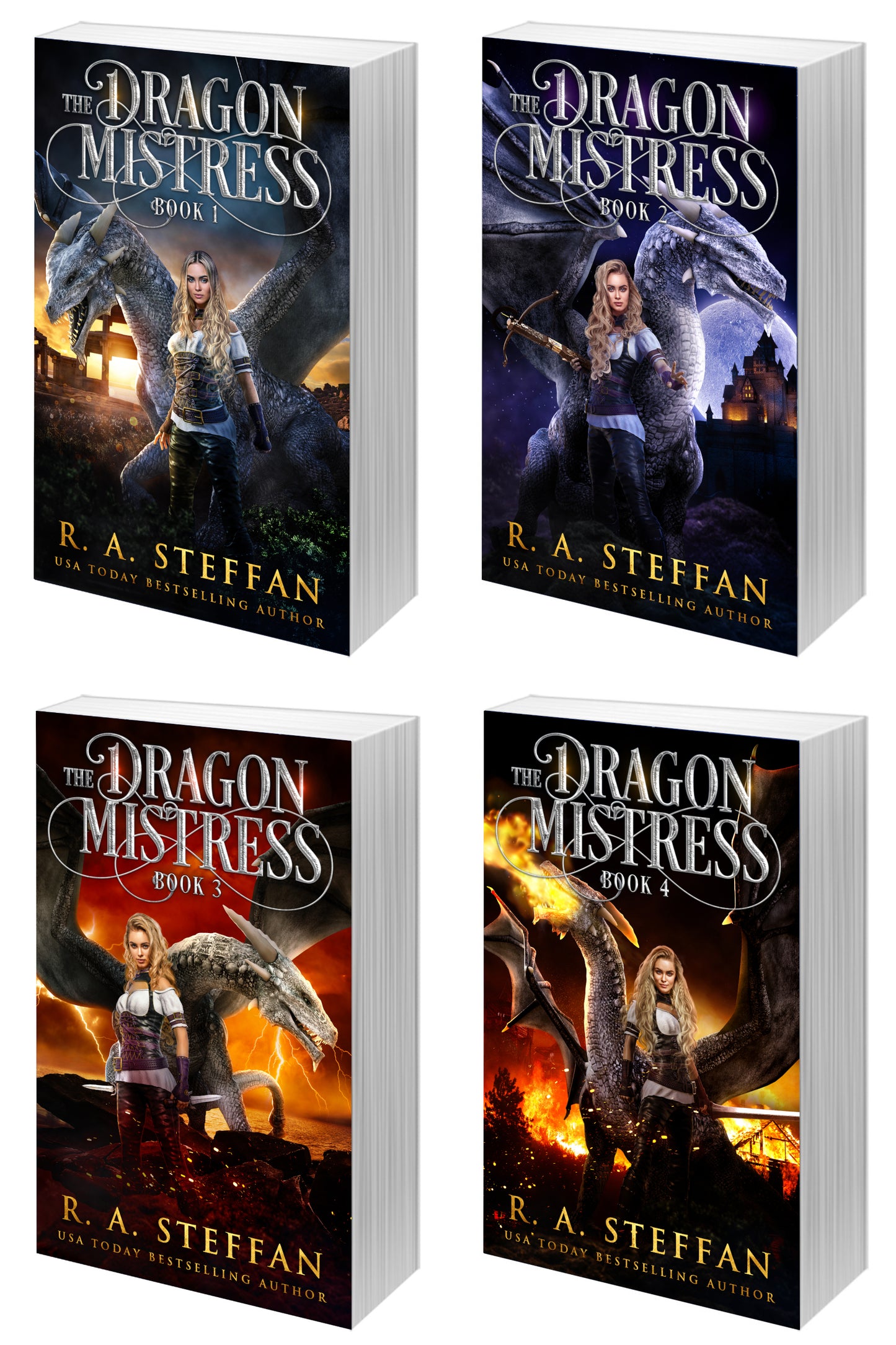Four paperback copies of The Dragon Mistress Books 1-4 series by R. A. Steffan