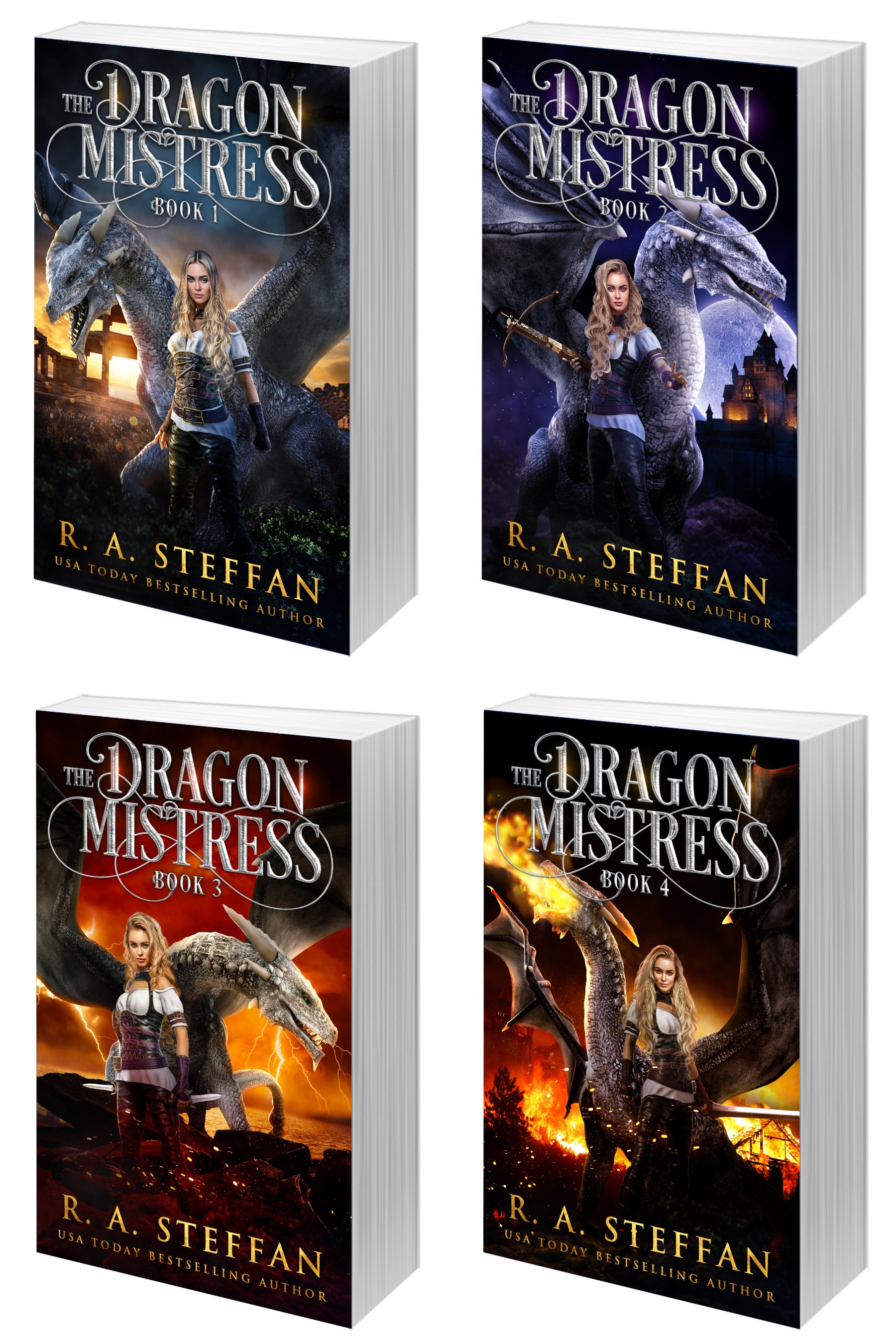 Four paperback copies of The Dragon Mistress Books 1-4 series by R. A. Steffan