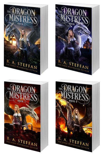 Four paperback copies of The Dragon Mistress Books 1-4 series by R. A. Steffan