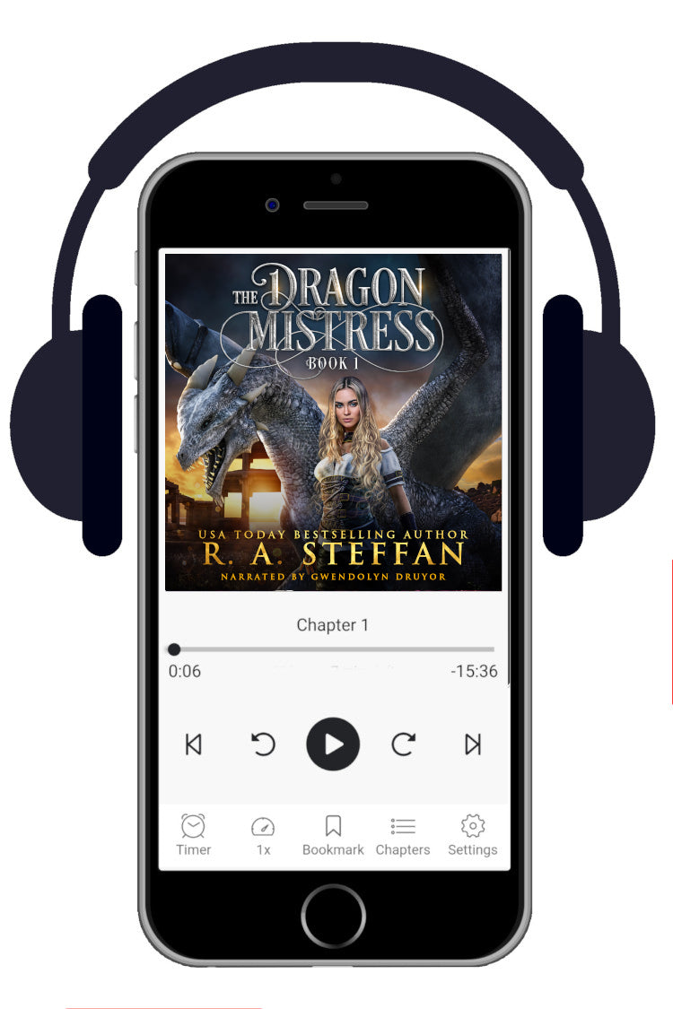 A smartphone centered on a white background, shown with a large pair of black headphones over it. The phone screen displays a book cover for "The Dragon's Mistress Book 1" by R. A. Steffan