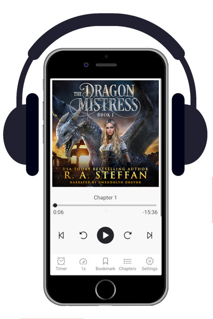 A smartphone centered on a white background, shown with a large pair of black headphones over it. The phone screen displays a book cover for "The Dragon's Mistress Book 1" by R. A. Steffan