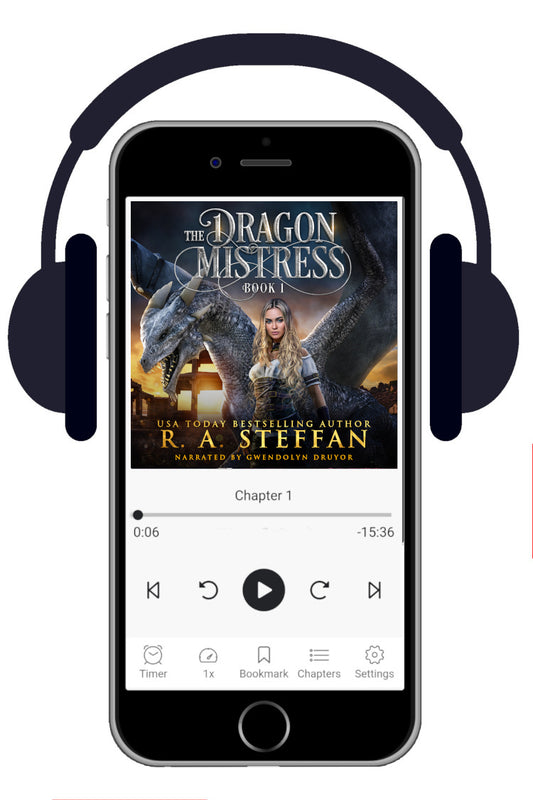 A smartphone centered on a white background, shown with a large pair of black headphones over it. The phone screen displays a book cover for "The Dragon's Mistress Book 1" by R. A. Steffan
