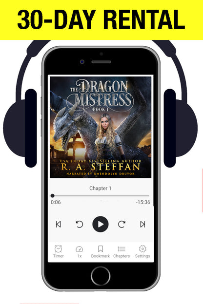 A promotional graphic for an audiobook rental showing a smartphone with headphones around it, displaying the cover for 'The Dragon's Mistress Book 1' by R. A. Steffan