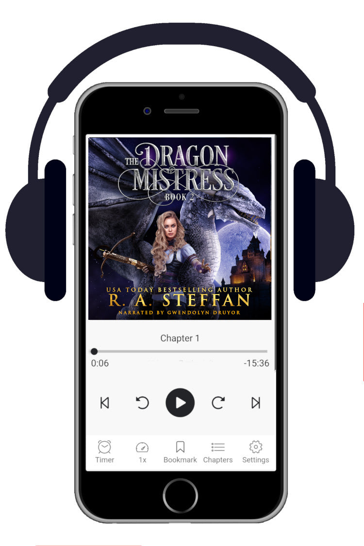 A smartphone centered on a white background, shown with over-ear headphones around it. The phone screen displays a book cover for "The Dragon Mistress Book 2" by R. A. Steffan