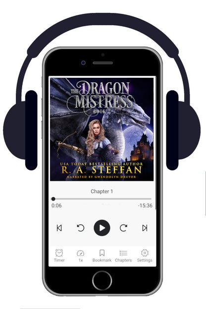 A smartphone centered on a white background, shown with over-ear headphones around it. The phone screen displays a book cover for "The Dragon Mistress Book 2" by R. A. Steffan