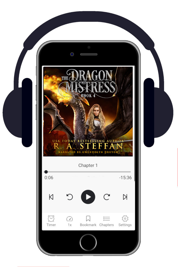 A smartphone centered on a white background, shown with over-ear headphones around it. The phone screen displays a book cover for "The Dragon Mistress, Book 4" by R. A. Steffan