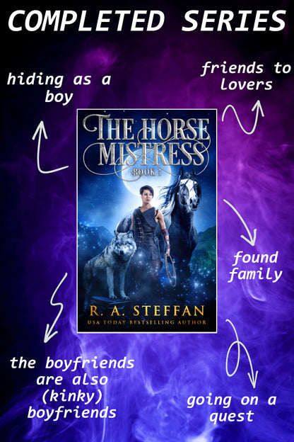 Book cover of 'The Horse Mistress' by R.A. Steffan with text describing the story elements on a purple background.
