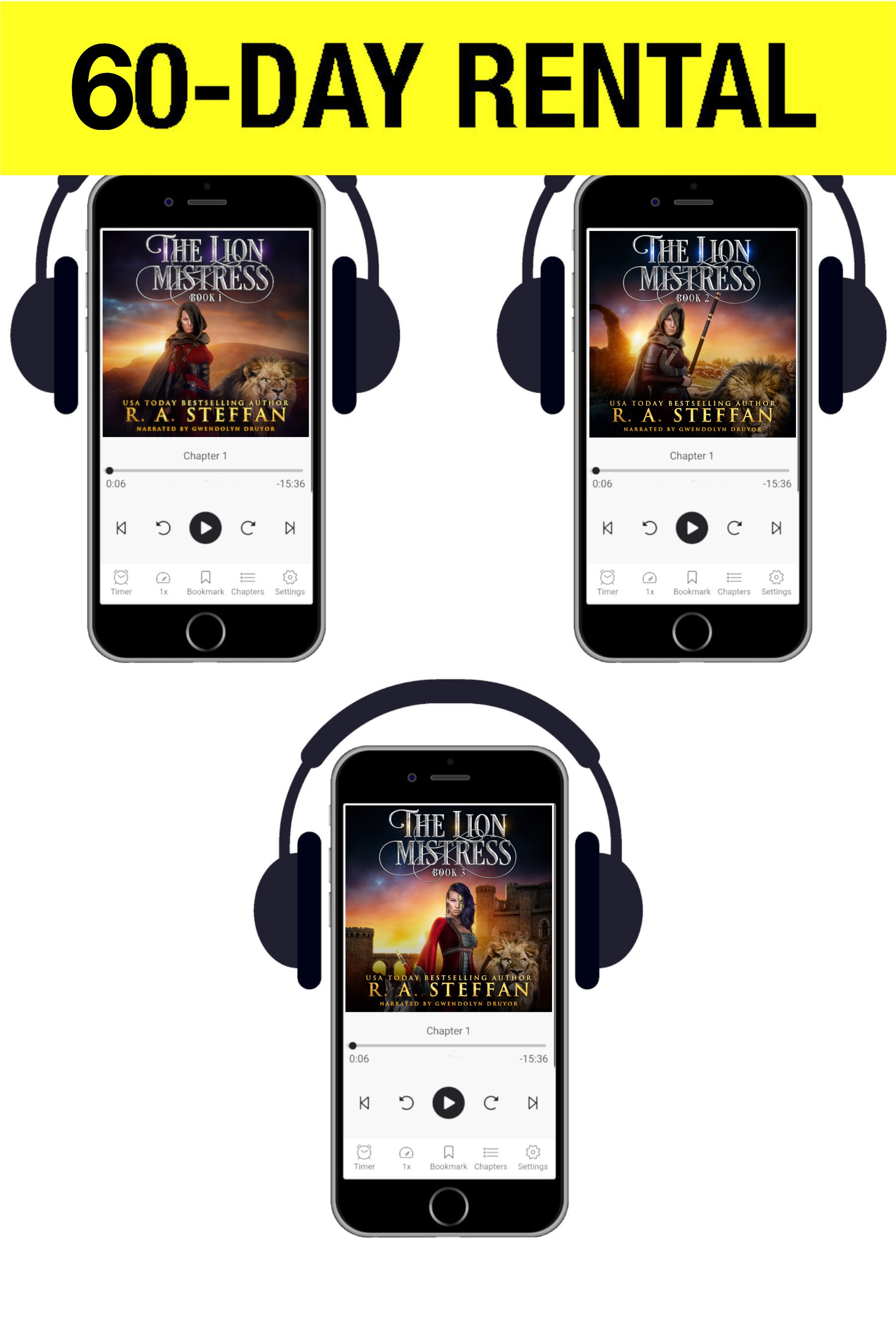 Promotional graphic for a 60-day rental of an audiobook bundle, featuring three smartphones with headphones around the screen displaying the cover art of 'The Lion Mistress' trilogy by R.A. Steffan