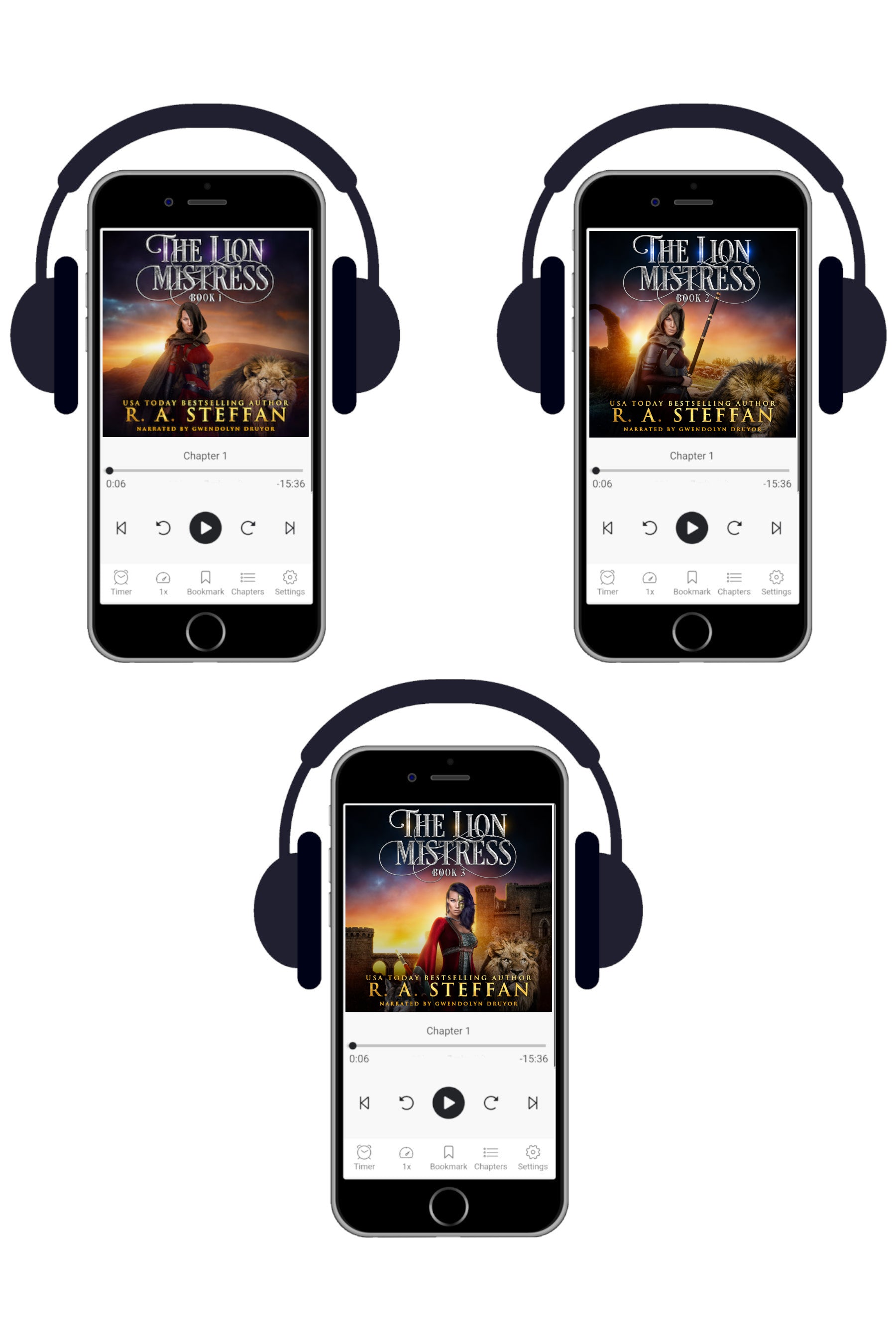 Three smartphones arranged in a triangle on a white background, showing the audiobook covers for 'The Lion Mistress' trilogyby R.A. Steffan