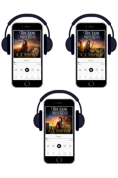 Three smartphones arranged in a triangle on a white background, showing the audiobook covers for 'The Lion Mistress' trilogyby R.A. Steffan