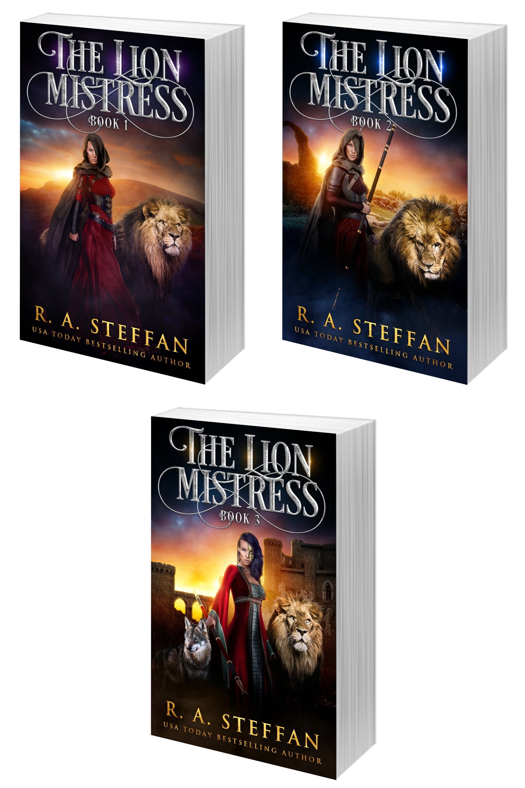 Three paperback copies of the books 'The Lion Mistress Books 1-3' by R. A.