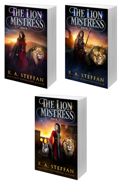 Three paperback copies of the books 'The Lion Mistress Books 1-3' by R. A.