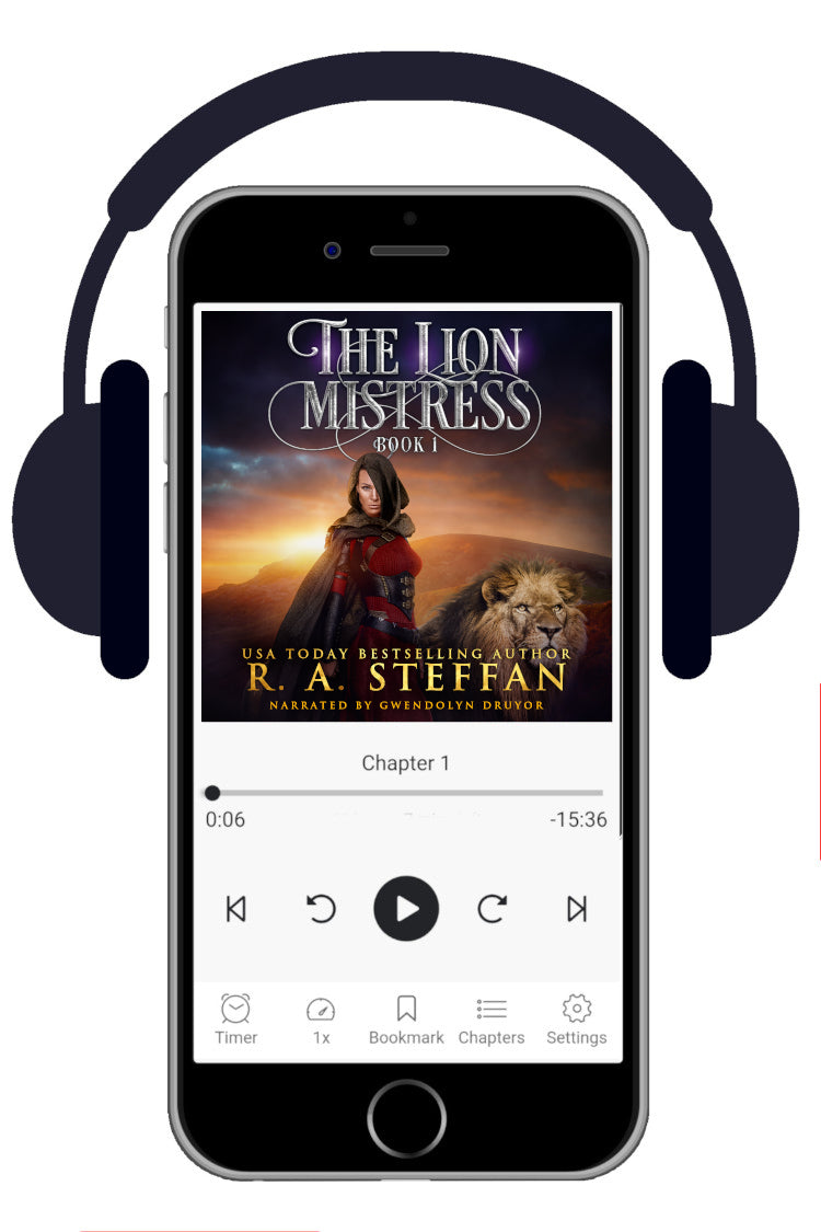 A smartphone centered on a white background, shown with a pair of black headphones around it. The phone screen displays a book audiobook cover titled "The Lion Mistress Book 1" with the author name R. A. Steffan
