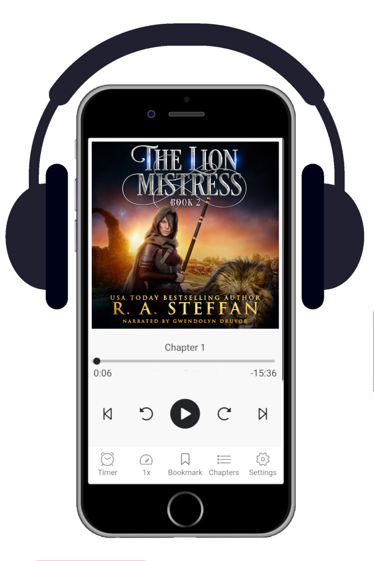 A smartphone centered on a white background, shown with black over-ear headphones around it. The phone screen displays a book player with the cover art for "The Lion Mistress Book 2" by R. A. Steffan