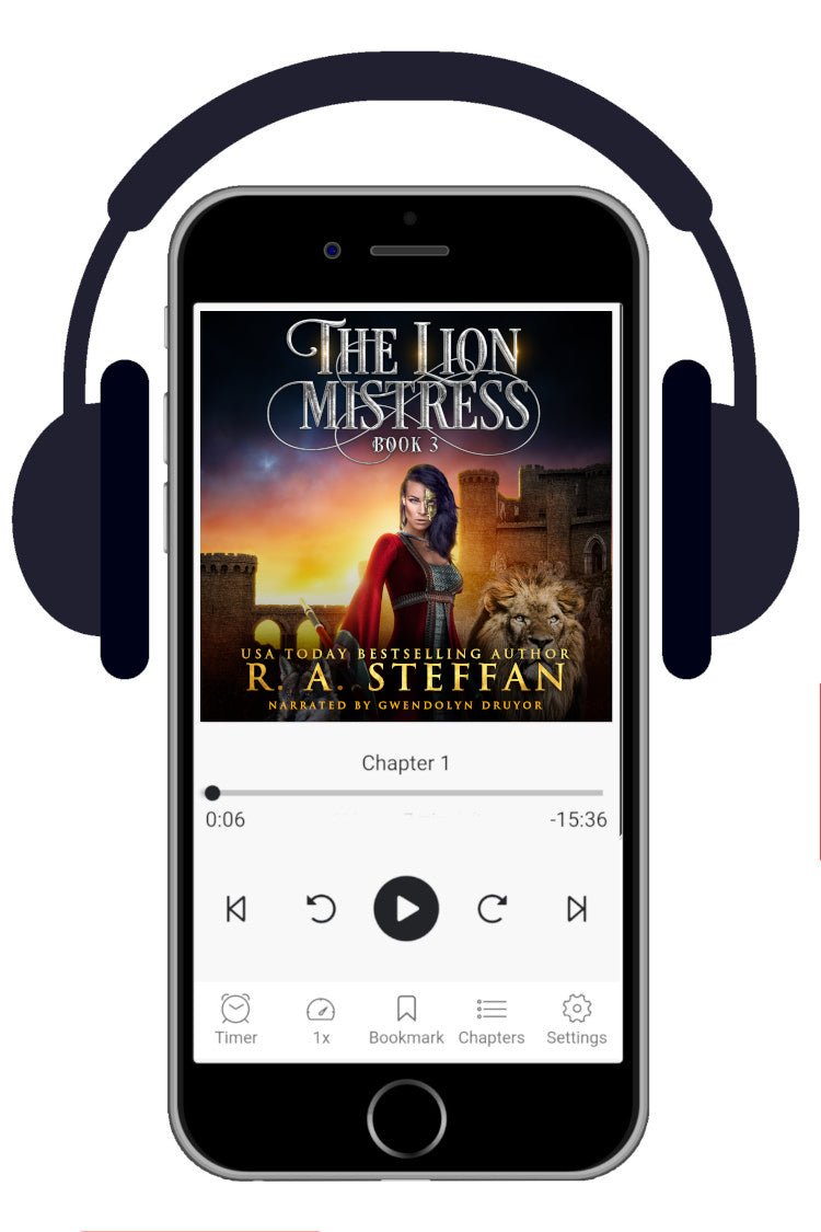 A smartphone centered on a white background, shown with a pair of black over-ear headphones around it. The phone screen displays a book cover for "The Lion Mistress Book 3" by R. A. Steffan