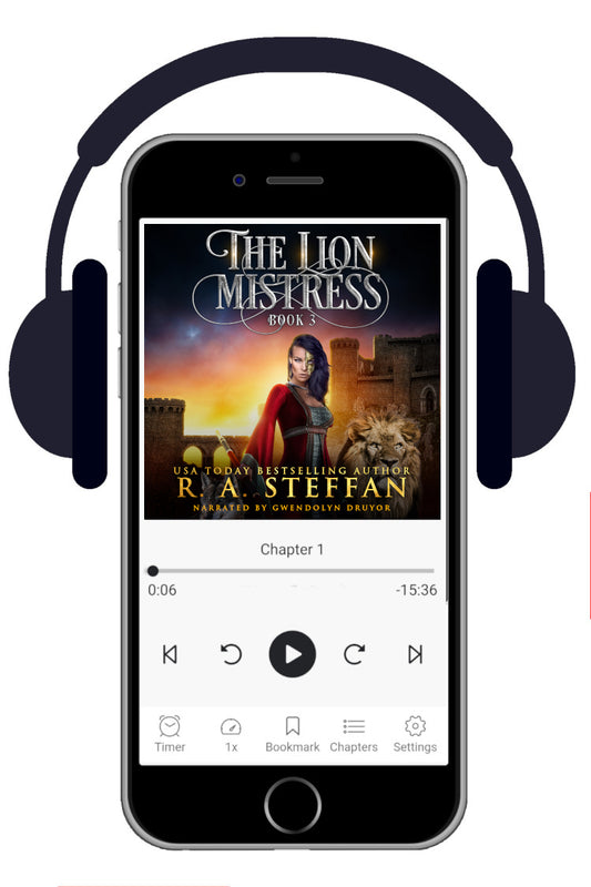 A smartphone centered on a white background, shown with a pair of black over-ear headphones around it. The phone screen displays a book cover for "The Lion Mistress Book 3" by R. A. Steffan