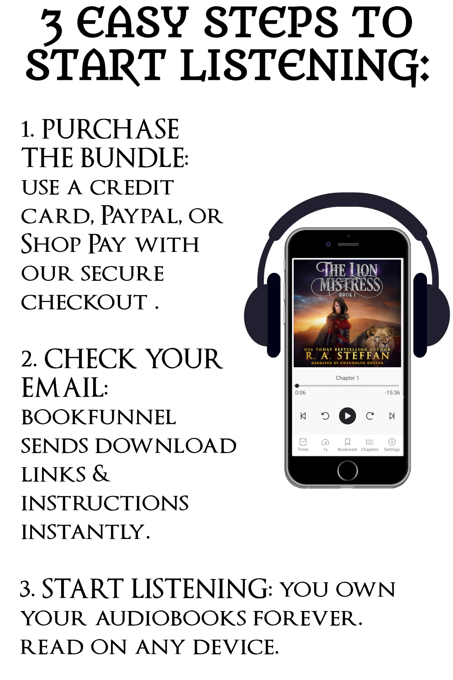 Instructions for purchasing and listening to audiobooks on a smartphone with headphones.