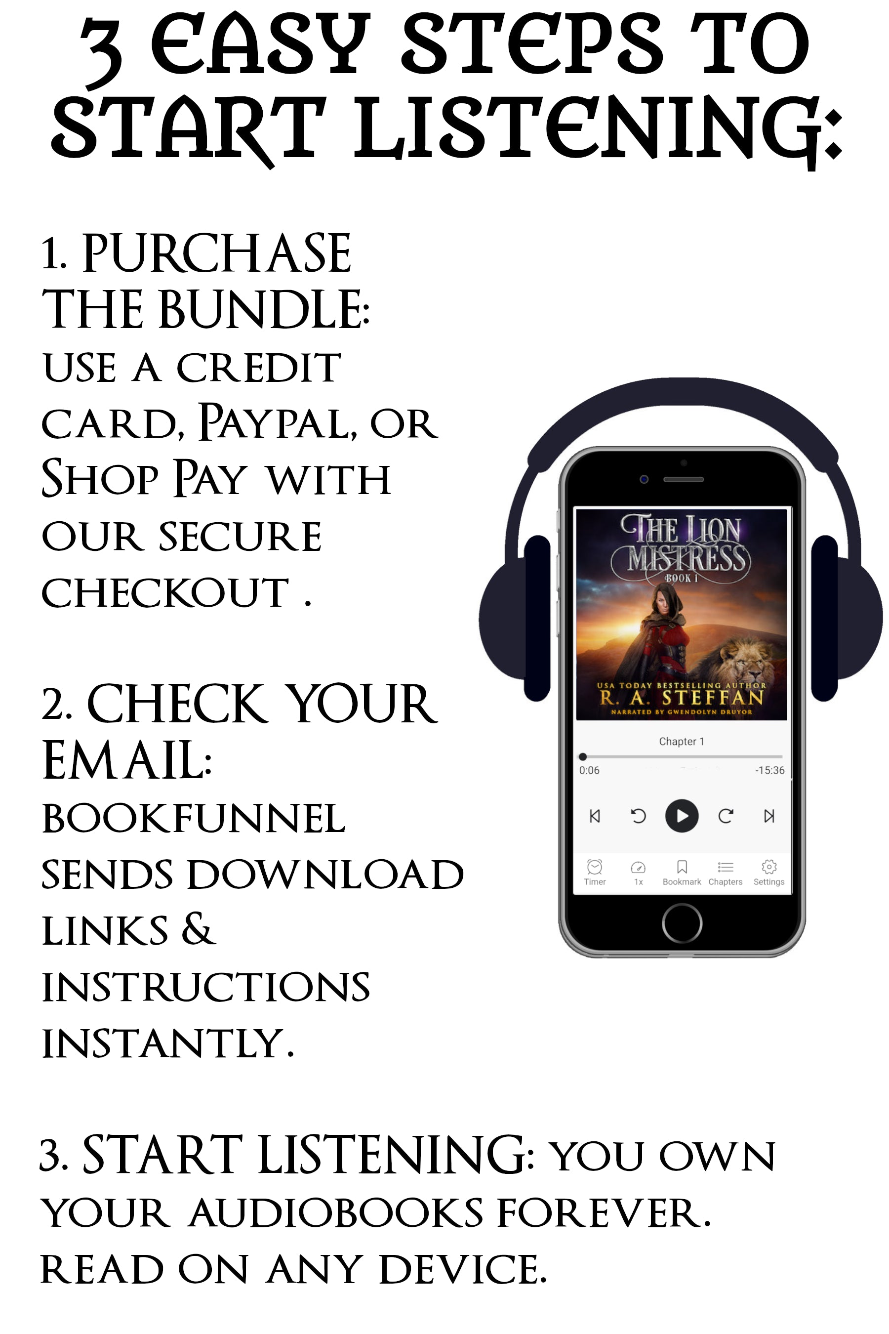 Instructions for purchasing and listening to audiobooks on a smartphone with headphones.