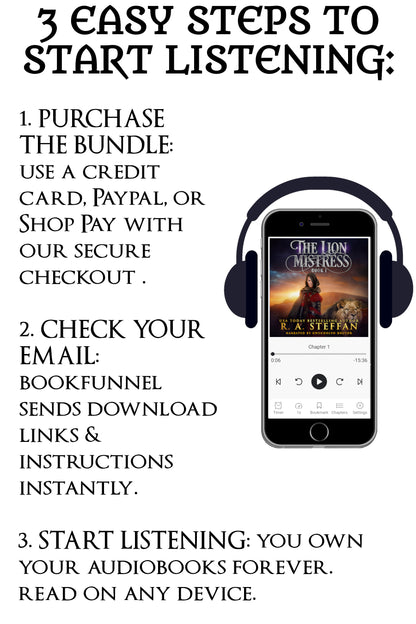 Instructions for purchasing and listening to audiobooks on a smartphone with headphones.