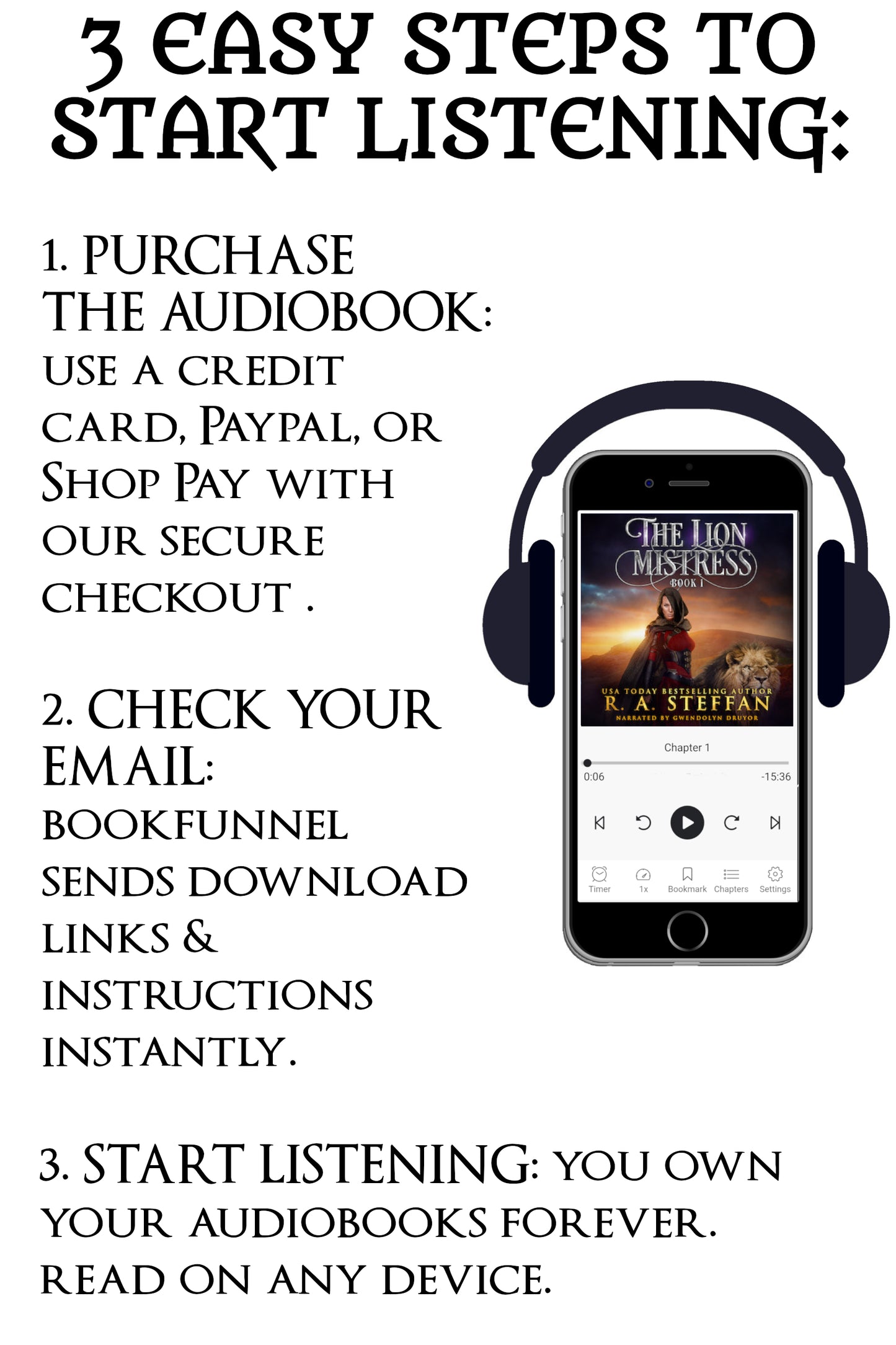 Instructions for purchasing and listening to audiobooks on a smartphone with headphones.