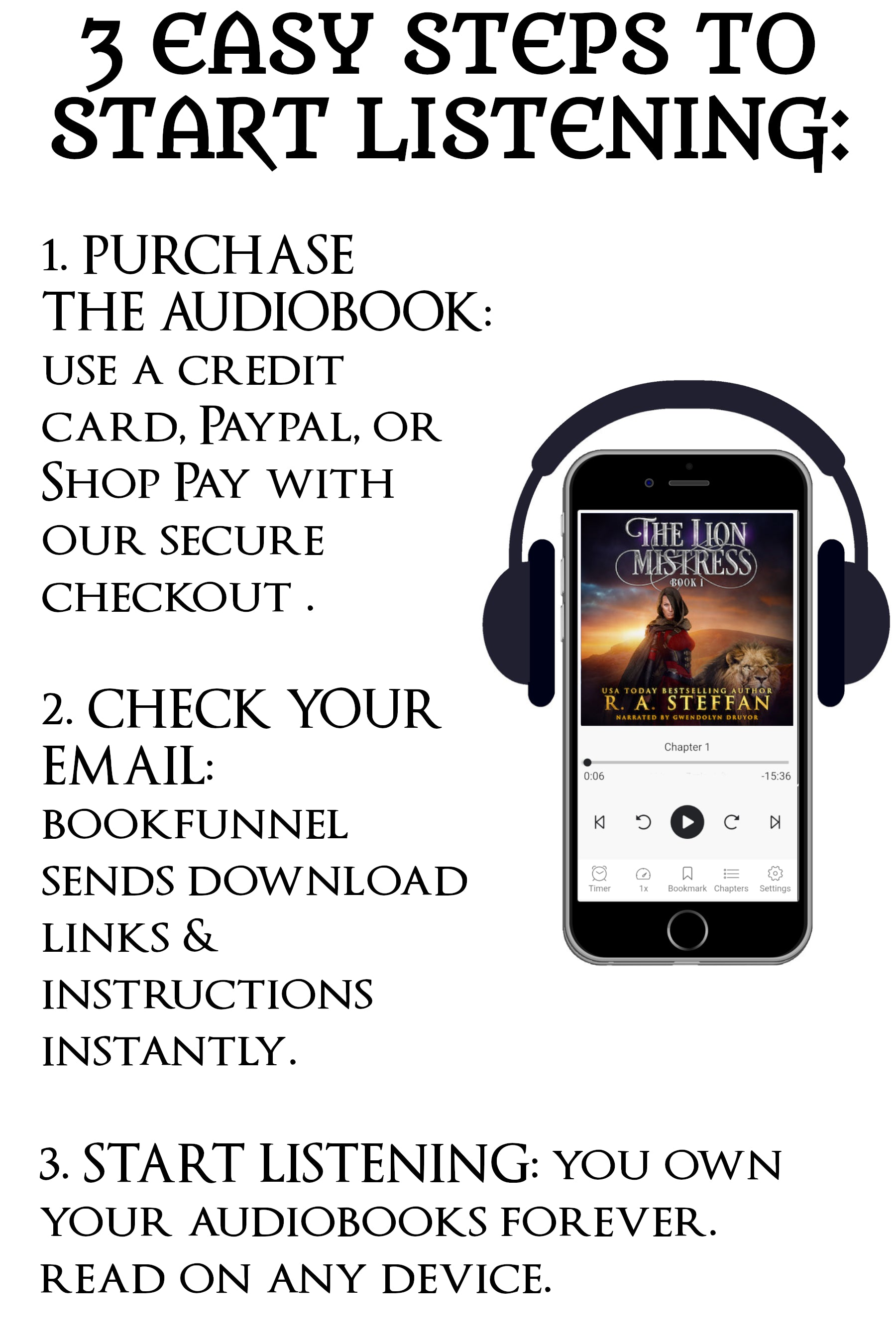 Instructions for purchasing and listening to audiobooks on a smartphone with headphones.