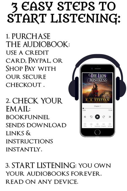 Instructions for purchasing and listening to audiobooks on a smartphone with headphones.