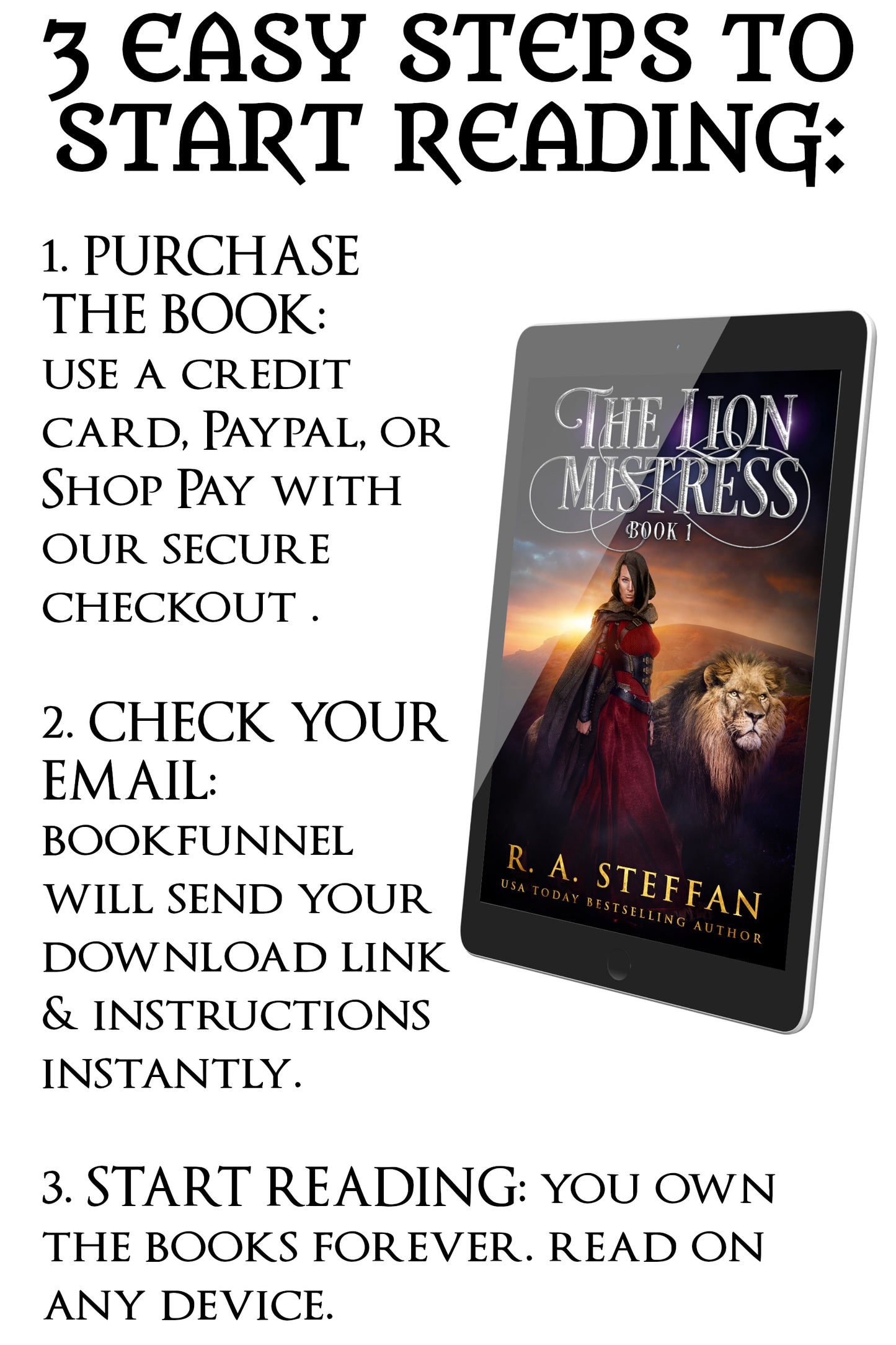 Promotional graphic for 'The Lion Mistress' book series with a tablet displaying the cover.