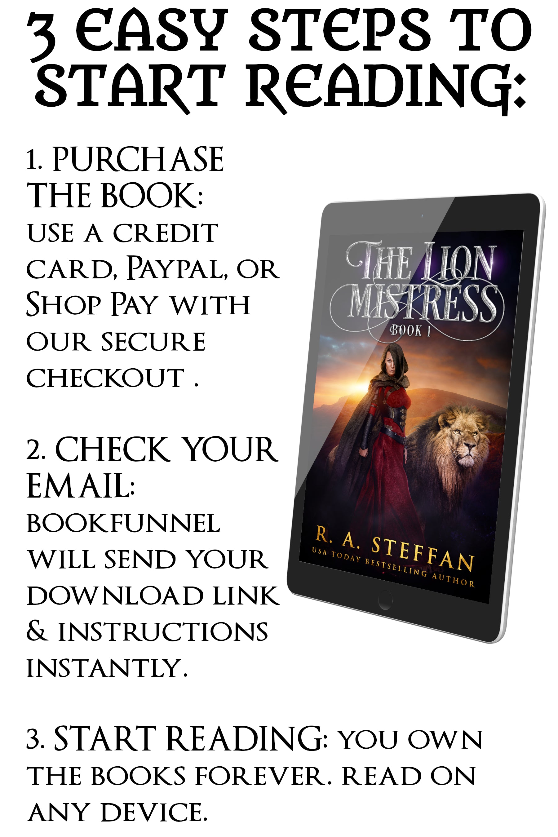 Promotional graphic for 'The Lion Mistress' book series with a tablet displaying the cover.