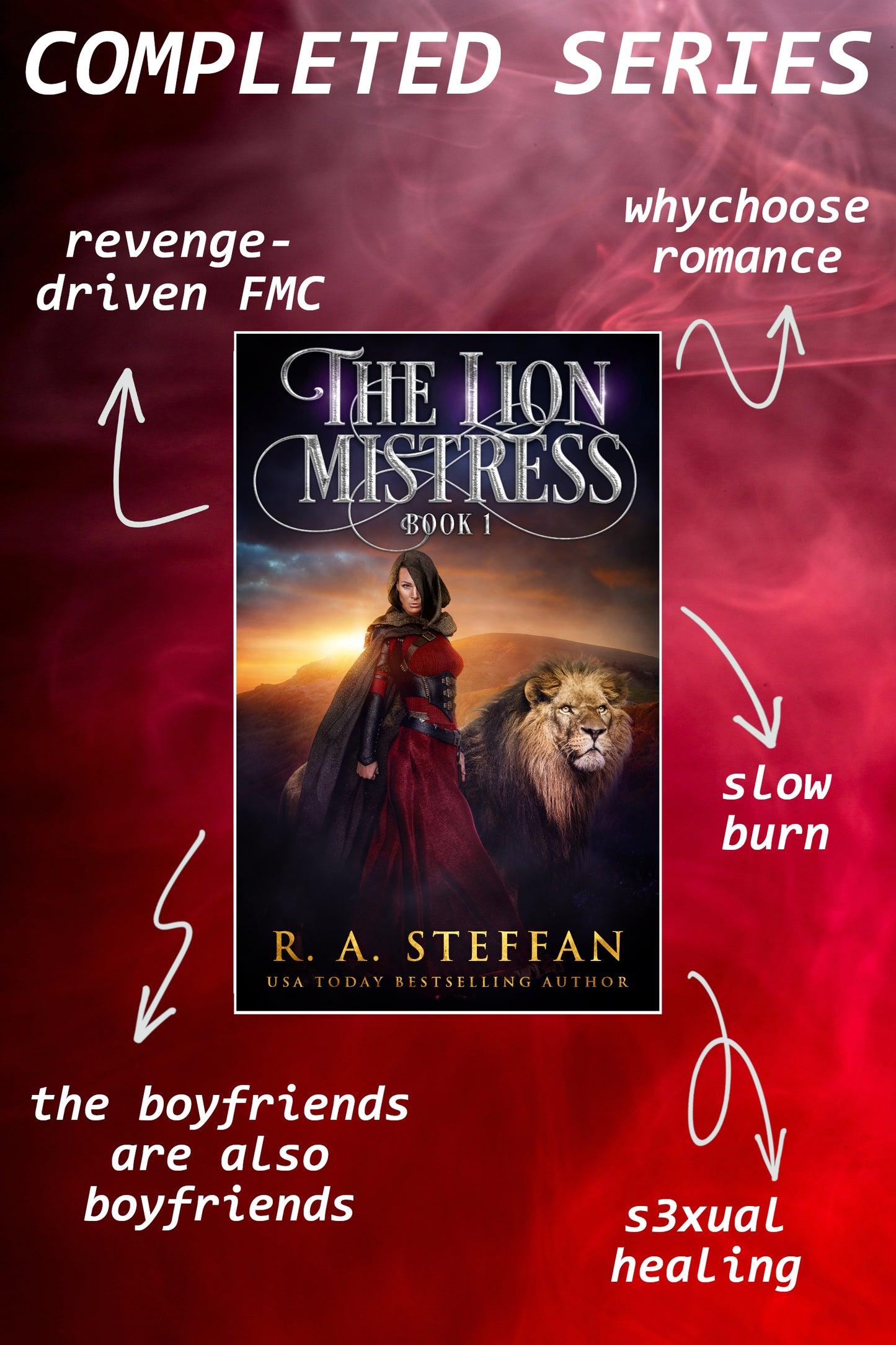Book cover of 'The Lion Mistress' by R.A. Steffan with promotional text on a red background