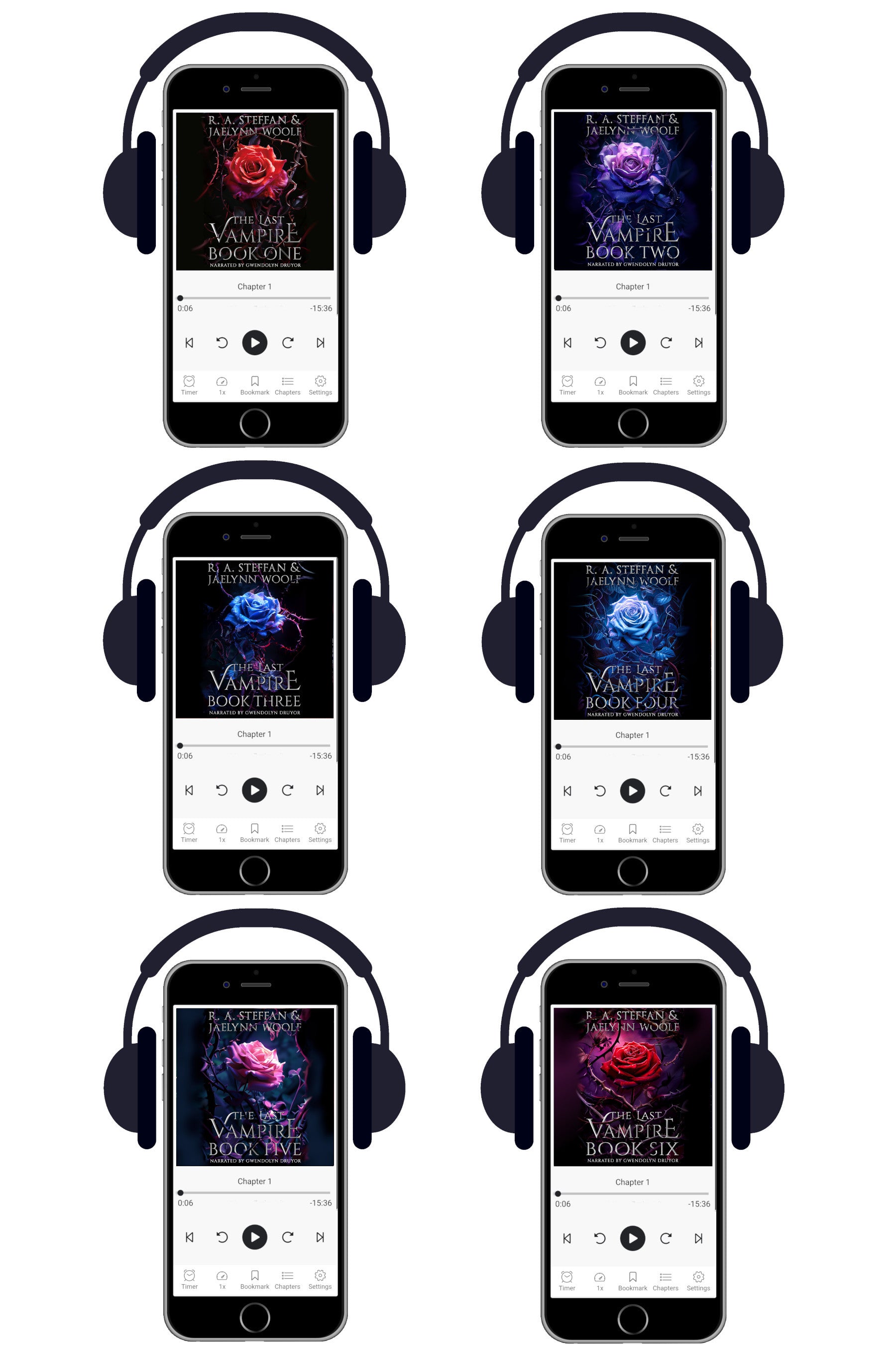 Six identical smartphone mockups arranged in a 3-by-2 grid on a white background, each wearing over-ear headphones and displaying a dark gothic album cover titled 'The Vampire Book Club' with different colored rose imagery.