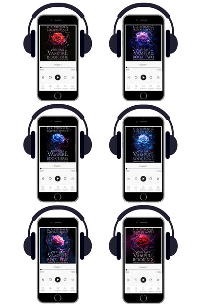 Six identical smartphone mockups arranged in a 3-by-2 grid on a white background, each wearing over-ear headphones and displaying a dark gothic album cover titled 'The Vampire Book Club' with different colored rose imagery.