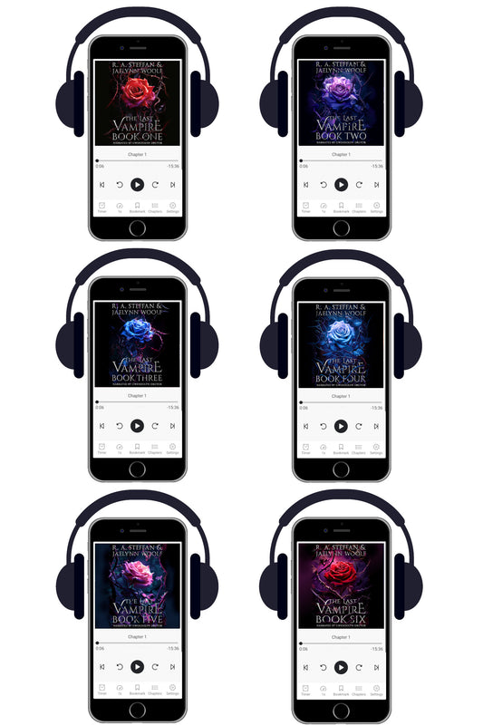 Six identical smartphone mockups arranged in a 3-by-2 grid on a white background, each wearing over-ear headphones and displaying a dark gothic album cover titled 'The Vampire Book Club' with different colored rose imagery.