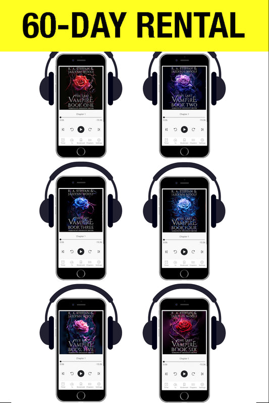 A promotional graphic with the text '60-DAY RENTAL' in black on a yellow banner at the top, above six identical phone mockups arranged in two columns and two rows. Each phone shows over-ear headphones and a book cover reading 'Vampire Book 1' with pink, purple, or blue artwork.