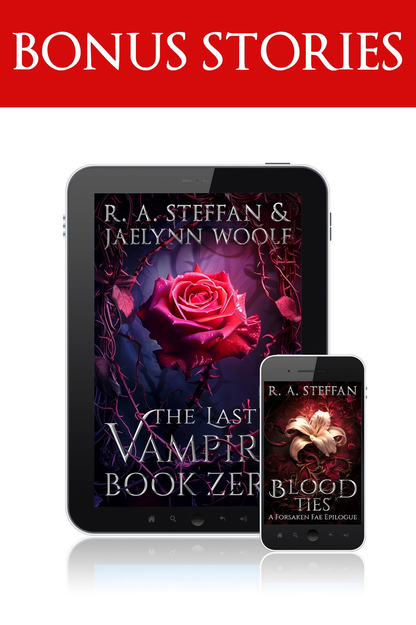 Promotional graphic for 'The Last Vampire' book series with tablet and phone displaying book covers.