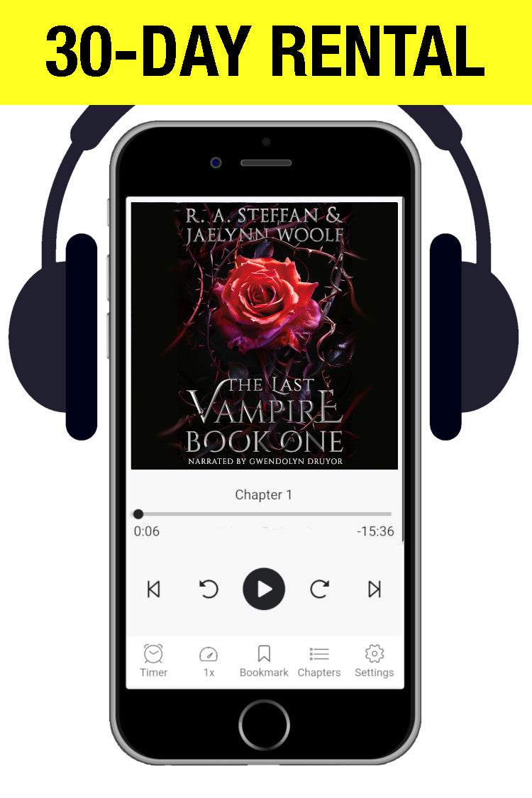 A smartphone centered on a white background with black headphones around it, displaying a book audiobook cover for 'The Last Vampire Book One' with playback controls visible. Large yellow text at the top reads '30-DAY RENTAL'.