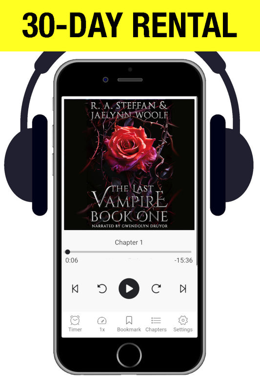 A smartphone centered on a white background with black headphones around it, displaying a book audiobook cover for 'The Last Vampire Book One' with playback controls visible. Large yellow text at the top reads '30-DAY RENTAL'.