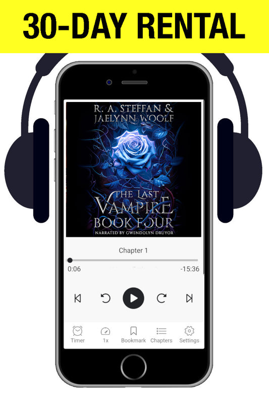 Promotional graphic for a 30-day rental of an audiobook or e-book, showing a smartphone with headphones around it and the cover art of 'The Last Vampire Book Four' by R. A.
