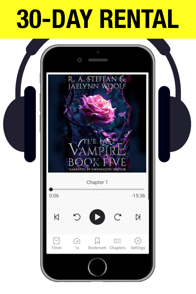 Promotional graphic for a 30-day rental of an audiobook, showing a smartphone with headphones around it and the cover art for 'The Last Vampire Book Five' on the screen. A bright yellow banner at the top reads '30-DAY RENTAL'.