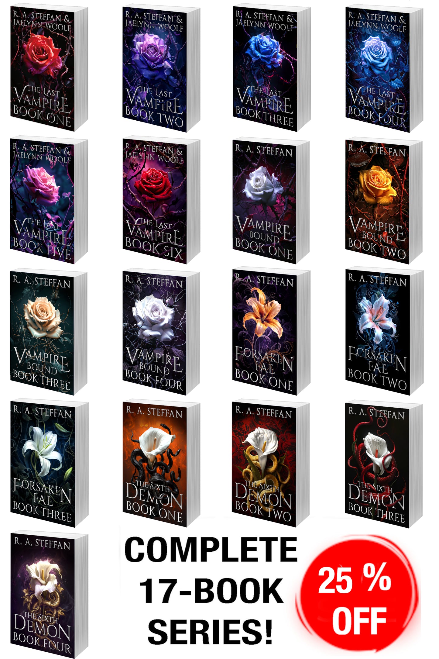 A promotional collage showing seventeen book covers arranged in a grid, with large text reading 'COMPLETE 17-BOOK SERIES!' and a red circular badge that says '25% OFF'. The covers feature dark gothic vampire imagery with flowers and thorns in black, blue, purple, red, and orange tones.