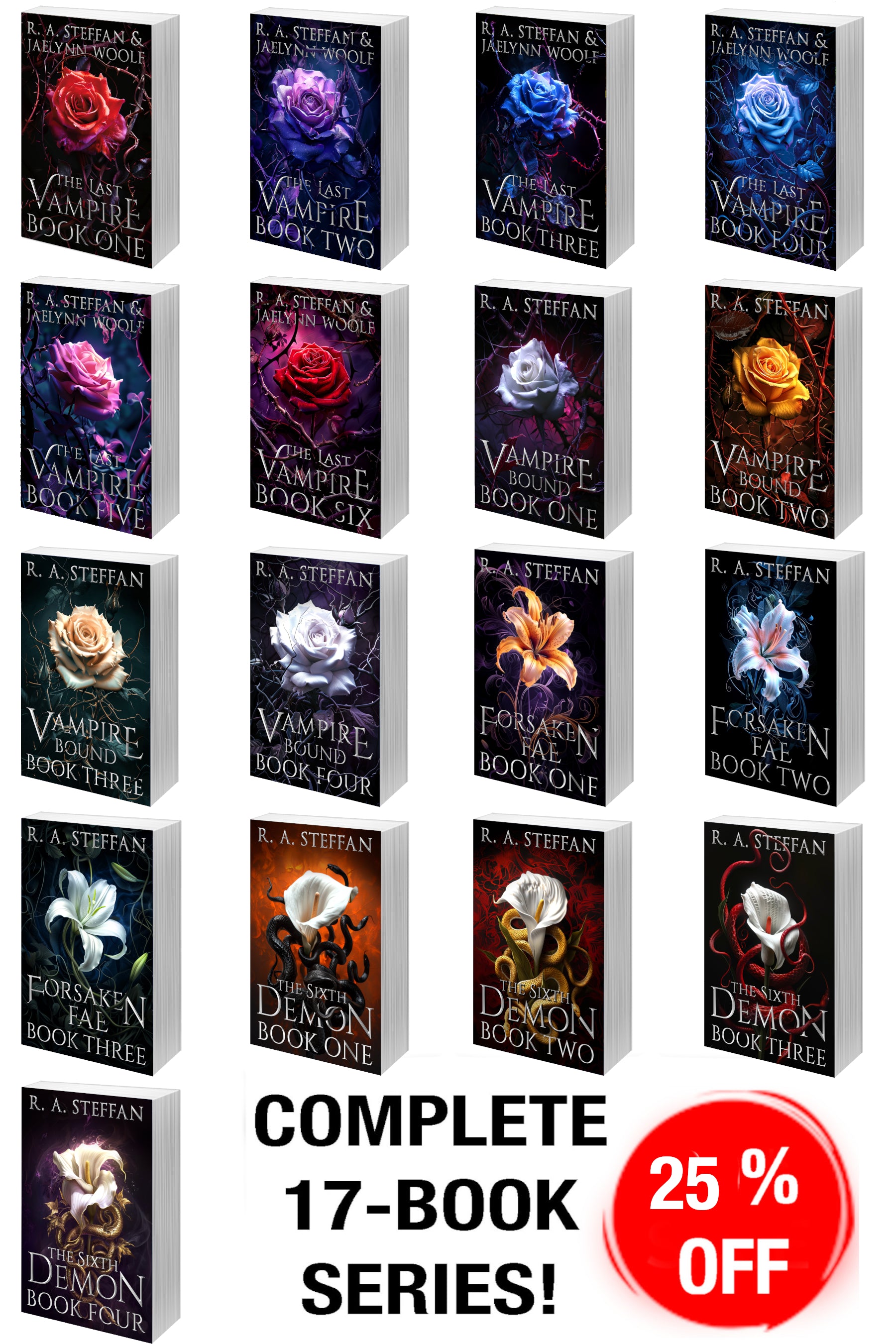 A promotional collage showing seventeen book covers arranged in a grid, with large text reading 'COMPLETE 17-BOOK SERIES!' and a red circular badge that says '25% OFF'. The covers feature dark gothic vampire imagery with flowers and thorns in black, blue, purple, red, and orange tones.