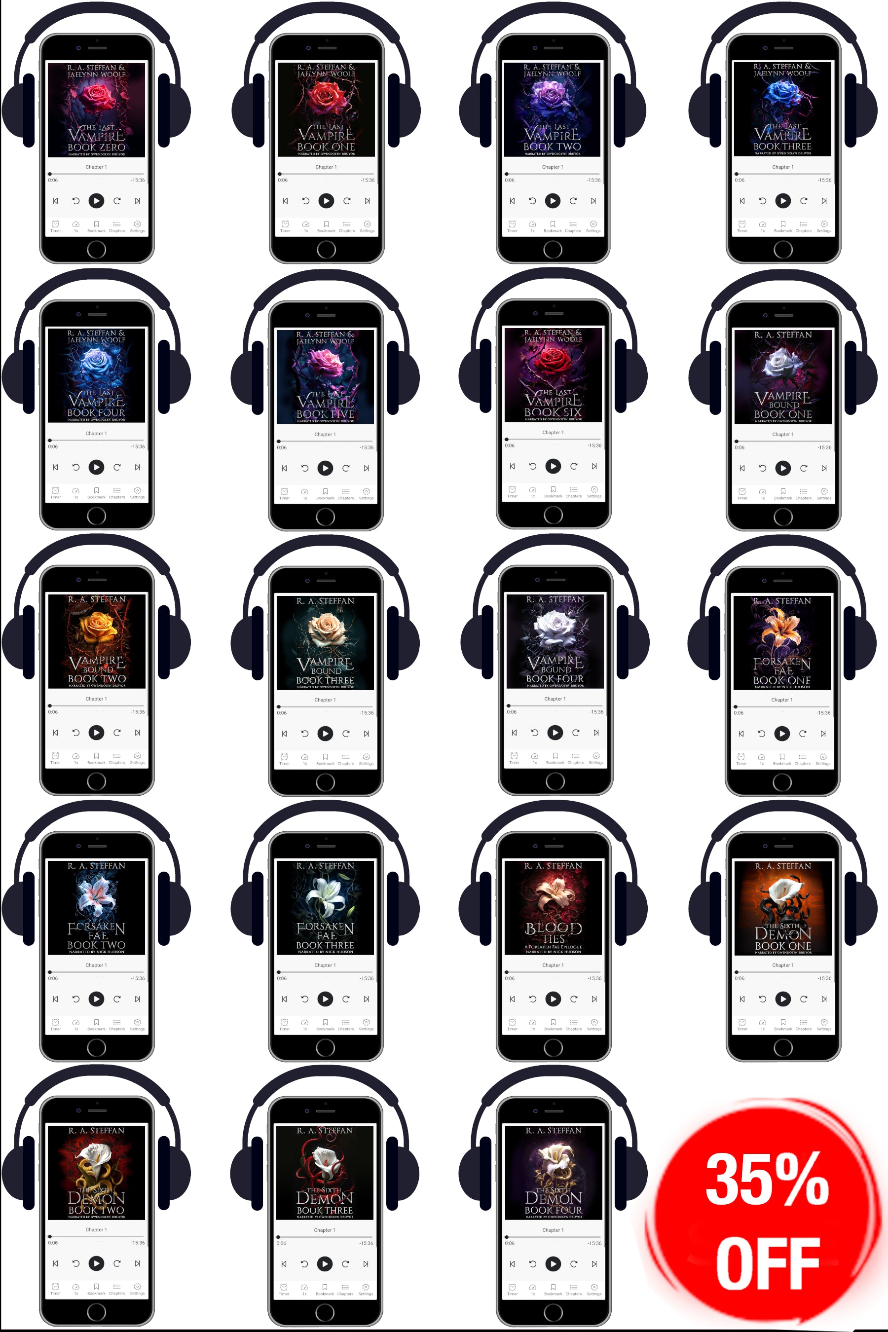 A grid of 19 smartphones, each wearing black over-ear headphones and displaying a colorful fantasy audiobook cover. A red circular badge in the bottom-right corner reads '35% OFF'.