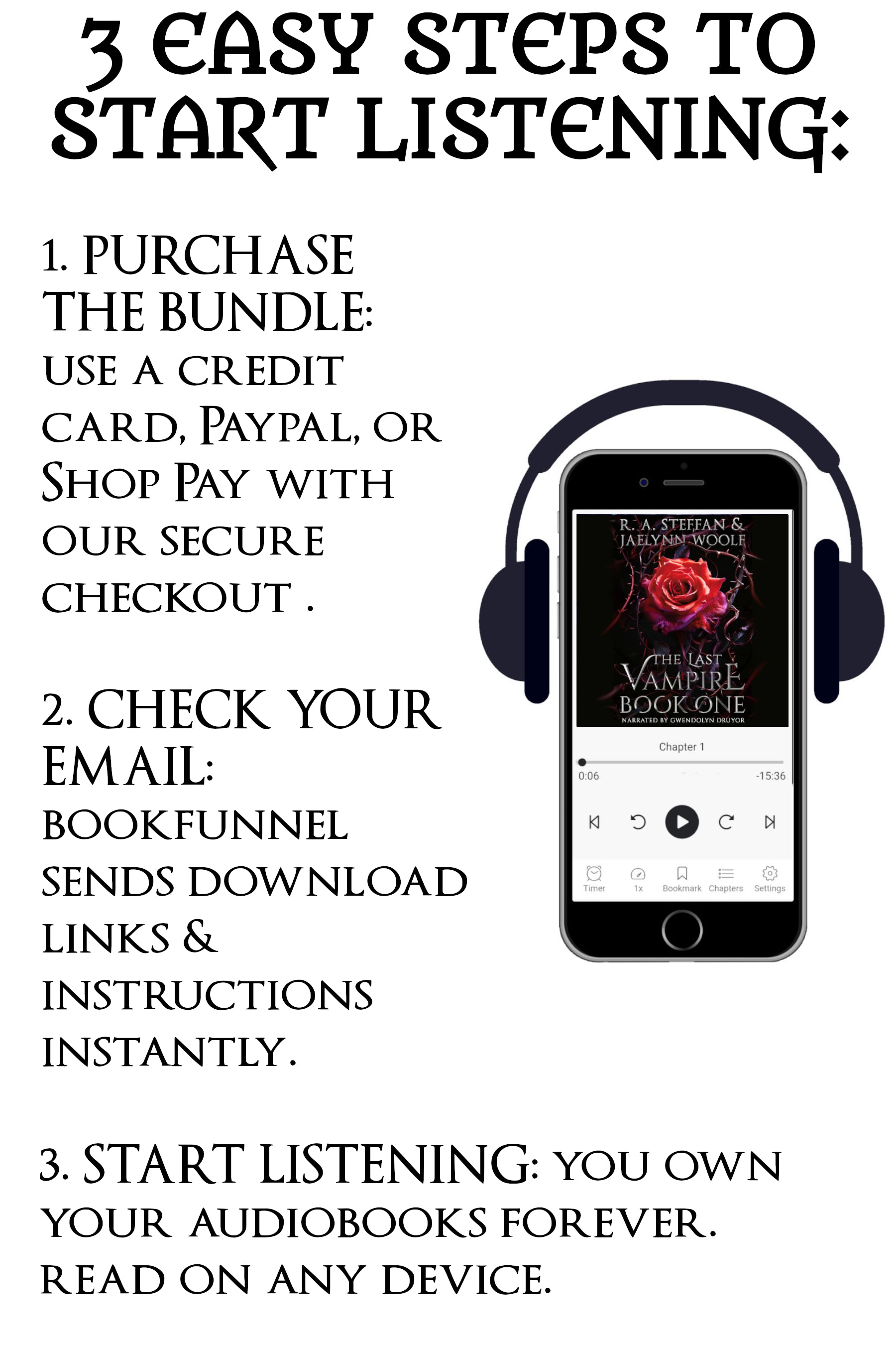 Instructions for purchasing and listening to audiobooks on a smartphone with headphones.